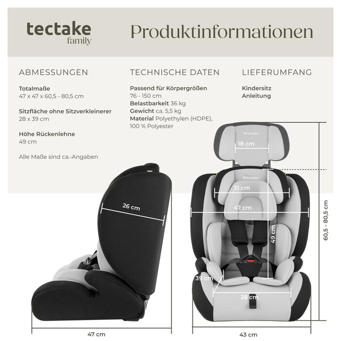 Автокрісло Tectake з 5-точковим ременем, i-Size, бічний захист, бустер для дітей 76-150 см (до 36 кг), світло-сірий/чорний