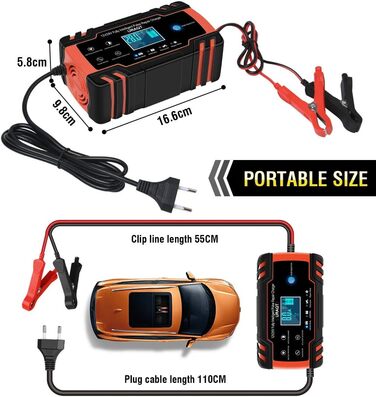 Зарядний пристрій для акумулятора URAQT 8A: 12V/24V, розумний, автоматичний, з LCD, для авто, вантажівок, мотоциклів, човнів
