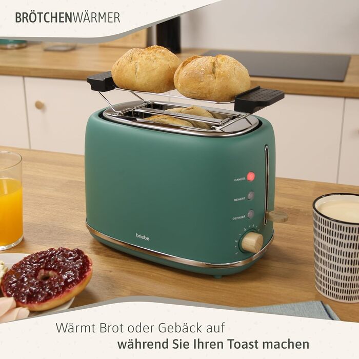 Тостер Briebe Nordic Set 2-слотовий з підставкою для булочок, 6 режимів + Електричний чайник 1.7л 2200W, BPA-free, Набір для сніданку в скандинавському дизайні (Зелений)
