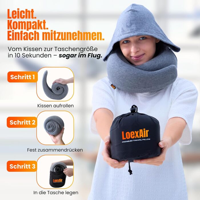 Подорожня подушка для шиї з капюшоном з ефектом пам'яті (Memory Foam) для літака, авто та поїздок, 100% бавовна, світло-сіра (Hooded Pro)