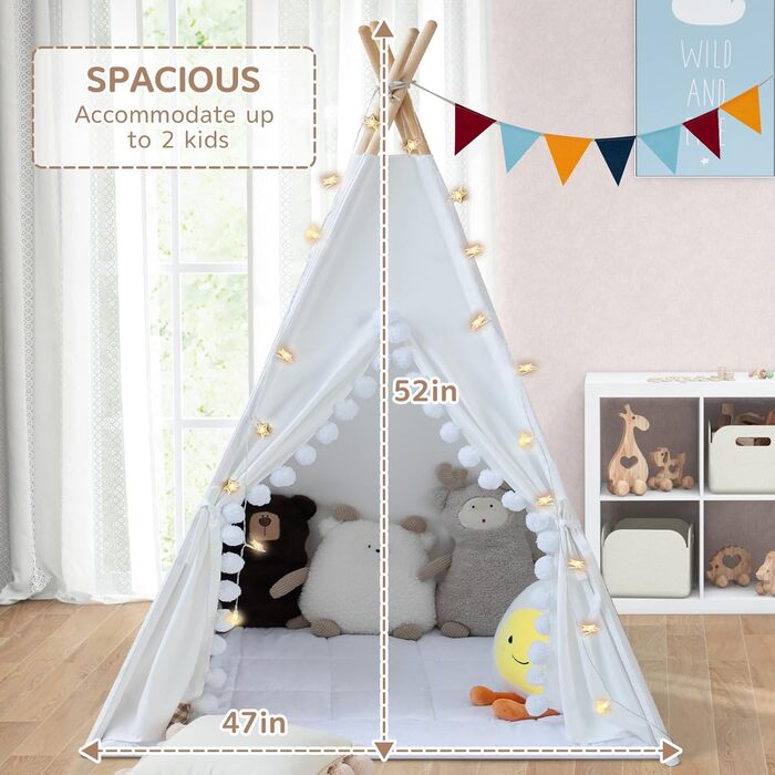Дитяче намет Tipi з м'якою матрацом, бавовна, канвас. Намет Tipi для дітей з гірляндою зірочок, сумкою, прапорцем (білий)
