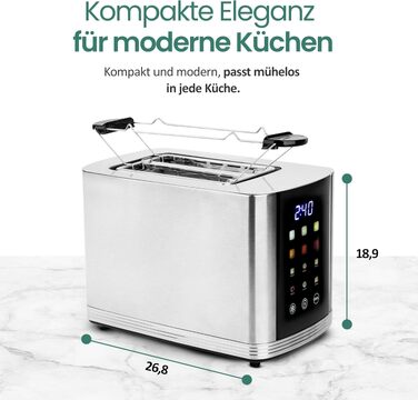 Тостер Emerio TO-132888 з великим кольоровим дисплеєм, 2 слоти, 800 Вт, розморожування, підігрів, 6 рівнів підсмажування, підставка для булочок, нержавіюча сталь