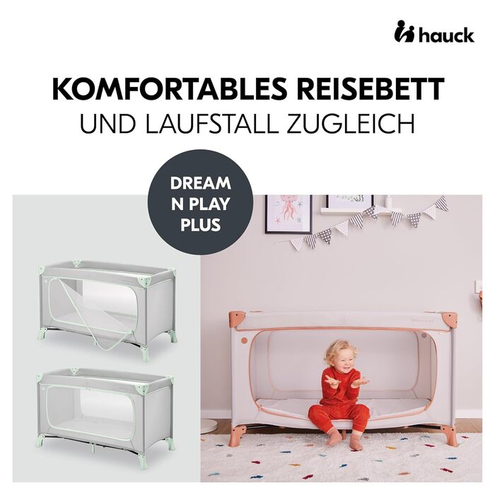 Дитяче дорожнє ліжечко Hauck Dream N Play Plus з сумкою, для немовлят і малюків до 15 кг, складне, м'ятний колір