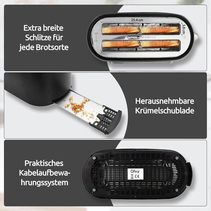 Тостер Olvy T-40T 4-складовий з LCD-дисплеєм, 1500 Вт, 6 режимів підсмажування, розморожування та підігрів, довгі слоти
