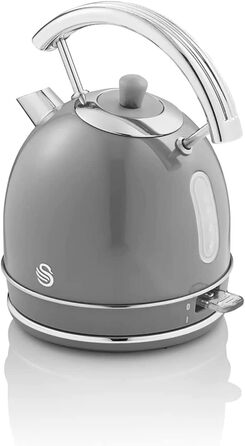Електрочайник Swan Retro 1,8 л, 3000 Вт, вінтажний дизайн, Strix, бездротовий, BPA-free нержавійка, сірий