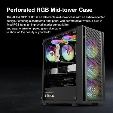 Ігровий корпус GAMDIAS AURA GC2 Elite ATX, мід-тауер, скло, 4x120 мм ARGB вентилятори, чорний, висока вентиляція