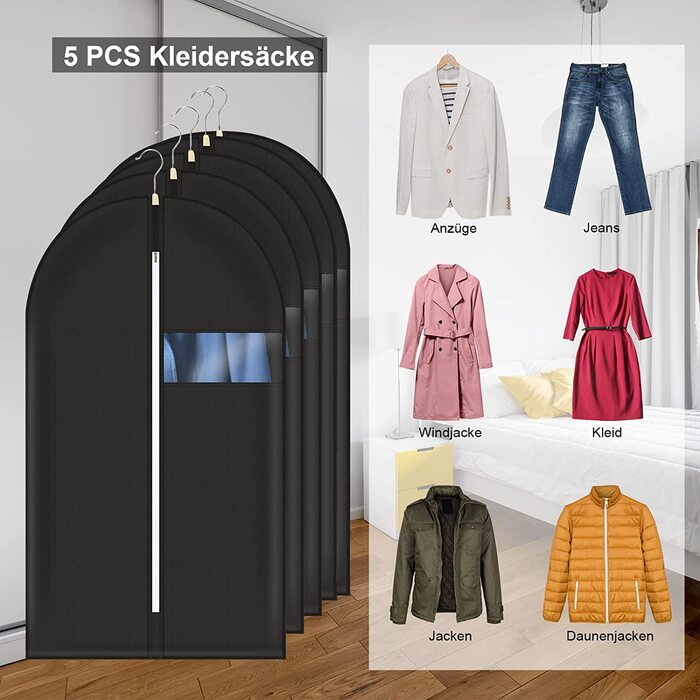 Комплект чохлів для одягу Hossejoy 5 шт., дихаючі чохли 140x60 см з віконцем і тримачем для бірки, для костюмів і суконь, для подорожей, високоякісні