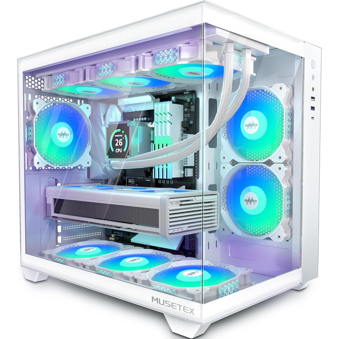 MUSETEX ATX корпус для ПК з 6 ARGB вентиляторами, 360 мм підтримка радіатора, Type-C, ігровий корпус з 270° оглядом, загартоване скло, білий Mid Tower, модель Y6