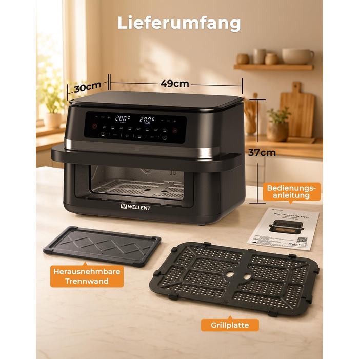 Аерофритюрниця WELLENT 12L Dual Zone XXL - двокамерна фритюрниця з гарячим повітрям 2950W (6+6Л), з вікном перегляду, функціями Match & Sync та нагадуванням про струшування, придатна для посудомийки