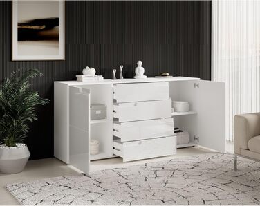 Комод Stella Trading SPICE у білому глянці, сучасний, 165x80x40 см, з великим місцем для зберігання для вітальні