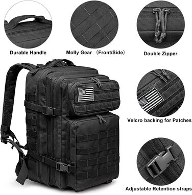 Тактичний рюкзак G4Free 40 л, військовий армійський рюкзак Molle для туризму, кемпінгу, трекінгу, полювання, чорний