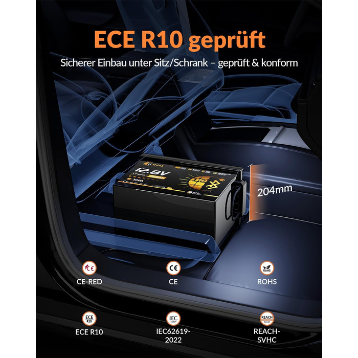 LiFePO4 акумулятор 12V 100Ah H190 ECE R10 з Bluetooth 5.4 для кемпера та автобудинку (Lithium Batterie 12V 334Ah MINI BT)