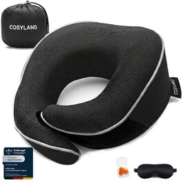 Подорожня подушка для шиї COSYLAND з ефектом пам'яті (Memory Foam) для літака та авто, ергономічна підставка 360°, чорна (набір: маска для сну, беруші, чохол)