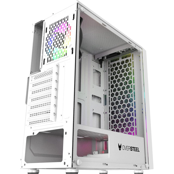 Oversteel Iridium — ігровий корпус для ПК ATX/Micro ATX/ITX, 120 мм A-RGB вентилятор, сітчаста передня панель, 2 пилові фільтри, загартоване скло, USB 3.0, білий