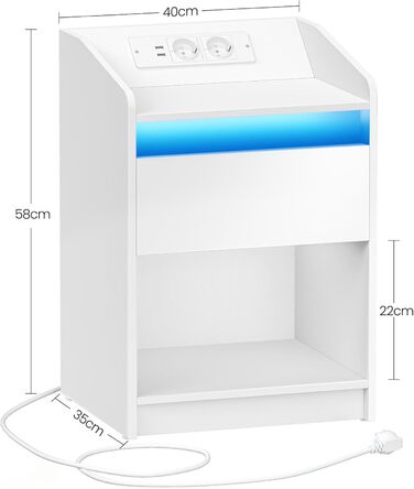 Тумба приліжкова Hzuaneri з LED-підсвіткою, USB, розетками, шухлядою та відкритою полицею, біла, для спальні та вітальні