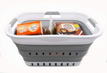 Складаний пластиковий кошик для білизни SAMMART 30 л з 3 ручками, поп-ап органайзер, переносна миска для прання, білий/сірий, компактний