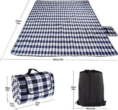 Пікнік-ковдра Homewit XXL 200x200 см, водонепроникна, термоізольована, складана, з ручкою, для 4-6 осіб, синьо-біла, для пляжу та кемпінгу
