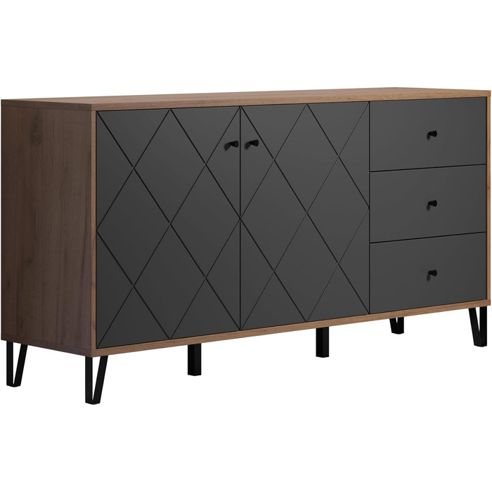 Сервант trendteam smart living Montez, сірий/дуб, 2 двері, 3 шухляди, фрезеровані фасади, металеві ніжки, 183x76x40 см