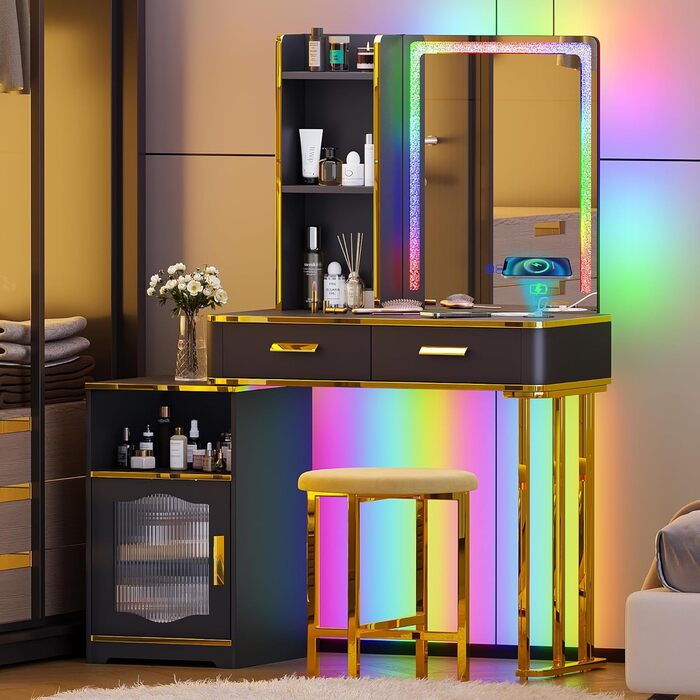 Туалетний столик Lvifur з RGB підсвіткою, бездротовою зарядкою, сімма кольорами, регульованою яскравістю, полицями та оксамитовим пуфом, з USB Type-C, для вітальні та спальні, чорний