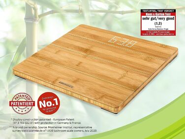 Ваги Soehnle Style Sense Bamboo Magic з натурального бамбука, електронна підлогова вага з LED-дисплеєм, до 180 кг, комфортне покриття