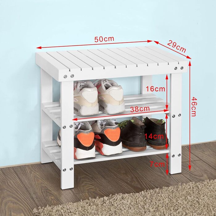 Лавка для взуття SoBuy FSR02-K-W з полиць, 50 см, біла, бамбук, гарантія 2 роки