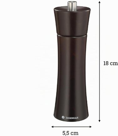 Млинок для перцю та спецій Zassenhaus Wenge 18 см, дерев'яний (бук), керамічний механізм, регульований помол