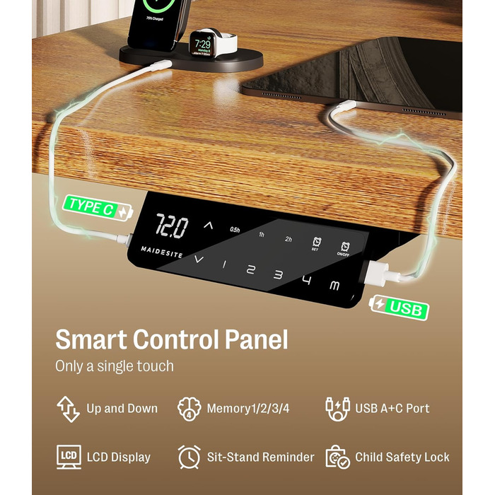 Електричний регульований стіл MAIDeSITe S2 Pro 140x70 см, білий каркас + вінтажний коричневий, вантажопідйомність 160 кг, з захистом від зіткнень