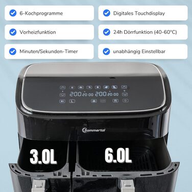 Аерофритюрниця з подвійною камерою Sommertal HF DUAL 900, 9 л, 2850 Вт, з функцією сушіння, сенсорним дисплеєм та 6 програмами, BPA-free