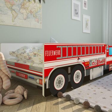 Дитяче ліжко-машина Kids Collective 80x160 см, пожежна, з бортиками та ламелями