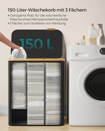 Кошик для білизни SONGMICS з кришкою, 3 секції, 150 л, складаний, знімний мішок, оксфордська тканина, бамбукові ручки, чорний, 60x38,5x70,5 см