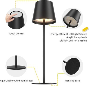 LED настільна лампа K-Bright з регулюванням яскравості, акумуляторна, бездротова, 36.5 см, тепле світло 2700K, USB-C, IP54, пісочний колір (чорний)