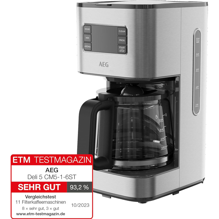 Кавоварка AEG CM5-1-6ST Deli 5, 1,5 л, нержавійка, програмований таймер, підтримка тепла, захист, індикатор рівня води, антикрапельна функція