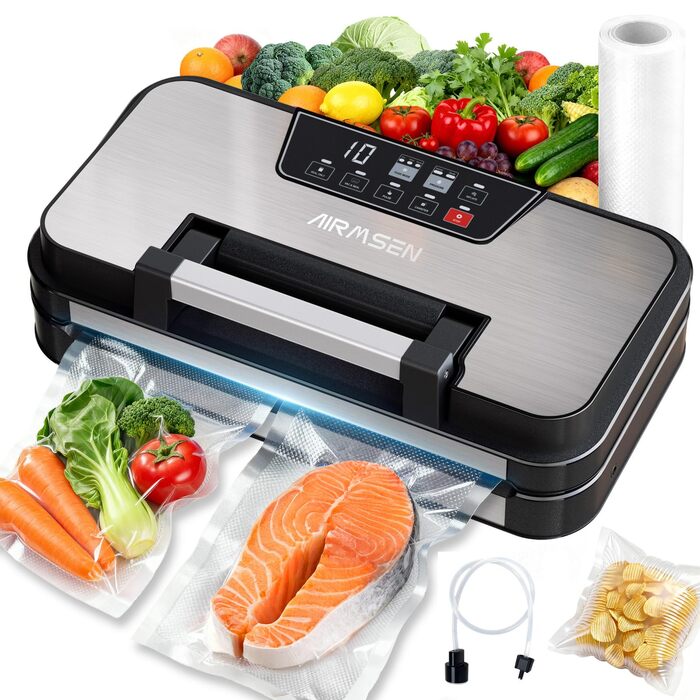 Вакууматор AIRMSEN 95 кПа з функцією підкачки, професійний вакуумулятор для сухих та вологих продуктів, 120 Вт, з відсіком для рулонів, різаком та шлангом, подвійний шва 2x3 мм