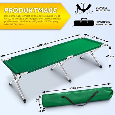 Розкладачка TRESKO XXL для кемпінгу, металева, 210x72x45 см, зелена, навантаження до 150 кг