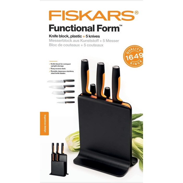 Набір кухонних ножів Fiskars Functional Form з підставкою (5 ножів), чорний пластик