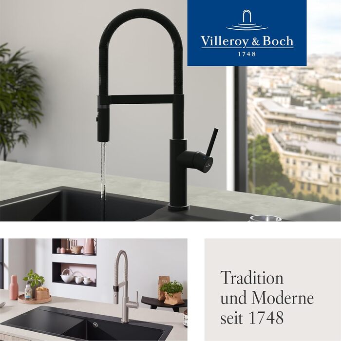 Змішувач кухонний Villeroy & Boch Steel Expert Compact, чорний матовий, з висувним гусаком та перемикачем, висота 170мм