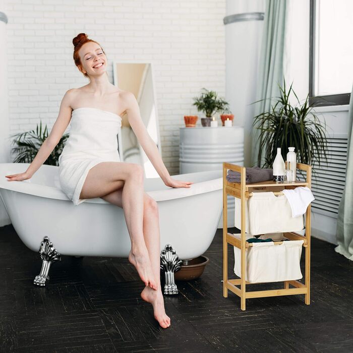Бамбуковий кошик для білизни Relaxdays з полицею, 2 висувні шухляди, переносний, 25 л, натуральний