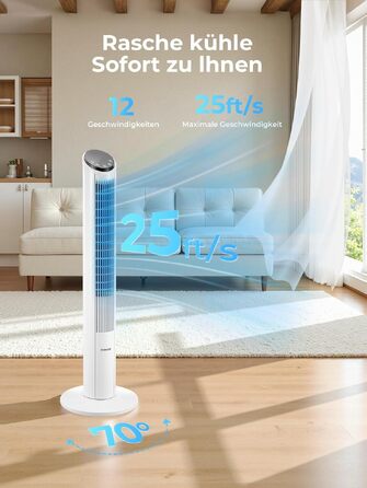 Вентилятор підлоговий FOHERE Leiser Turm, 102 см, з пультом, 4 режими, 12 швидкостей, таймер 12 год, білий
