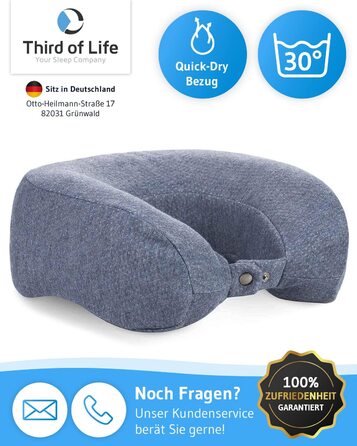 Ергономічна подушка для шиї ANDAR QuickDry з Memory-Foam для подорожей, швидковисихаючий чохол, проти болю в шиї, сіра, для літака, авто