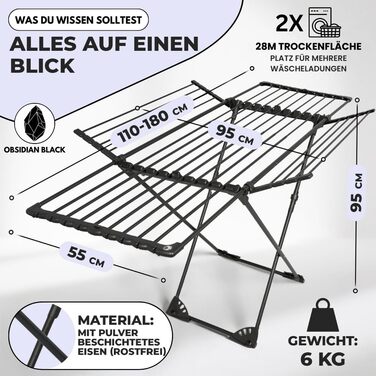 Телескопічна сушарка для білизни MONDHEIM Obsidian XXL, 26м довжини розсушування, розкладна знімною поперечиною, чорна, для балкона та тераси