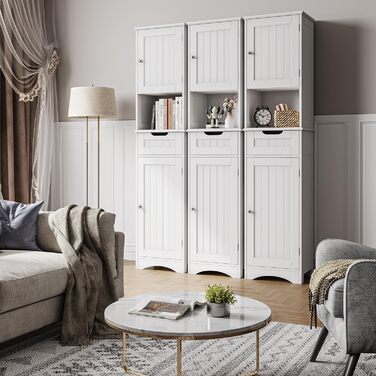 Висока шафа для ванної Bealife 170x40x30 см, біла, з регульованими полицями, відкритою нішею, шухлядою та дверцятами для ванної кімнати, вітальні, спальні