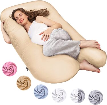 SMOOTHY XXL подушка для вагітних U-подібна, бавовна, 150x80 см, знімний чохол, бежевий – подушка для сну, годування та підтримки тіла