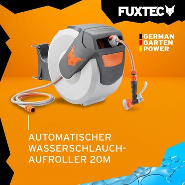Автоматичний шланг Fuxtec FX-WSA30 – 30 м, ½ дюйма, для саду з ручною лійкою та з'єднаннями, настінний, поворотний 180° (65x29x46 см)