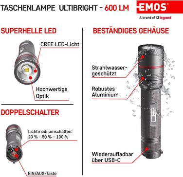 Ліхтарик EMOS акумуляторний CREE LED металевий з фокусом Ultibright 80, 3 режими, ударостійкий, водонепроникний, 600 люмен, до 230 м, з ремінцем і чохлом, для дому та вулиці, сірий