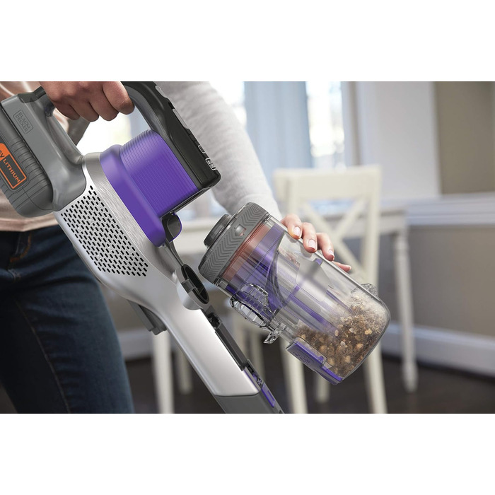Акумуляторний пилосос BLACK+DECKER 4в1 для дому та тварин, 36В, 2.0А·год, без мішка, з електрощіткою для шерсті, 2в1 щілинна насадка, настінне кріплення, сріблясто-фіолетовий