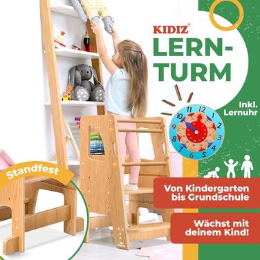 Дитяча помічниця кухня KIDIZ Montessori: регульований стілець-підставка з соснового дерева для дітей від 1 року, з навчальним годинником, витримує до 50 кг