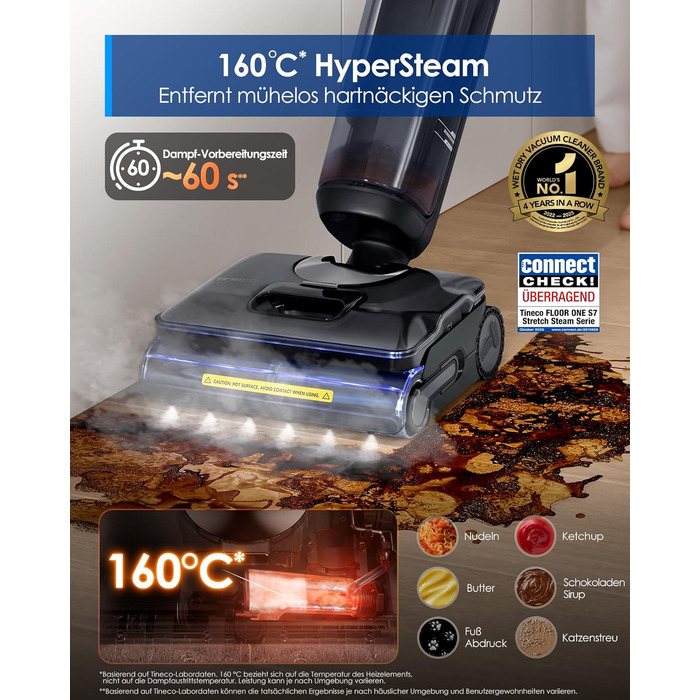 Tineco Floor One S7 Stretch Steam: Акумуляторний пилосос 2-в-1 для вологого та сухого прибирання, 22000 Па, для твердих підлог, шерсті тварин