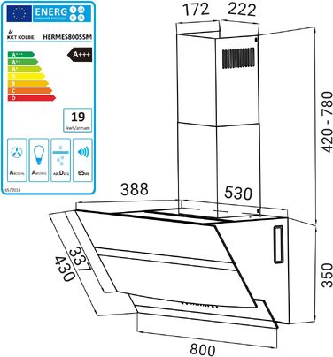 Пристінна витяжка KKT Kolbe Hermes 8005SM 80 см, нержавіюча сталь та чорне скло, продуктивність 782 м³/год, WLAN, RGBW-LED підсвічування, сенсорне керування, клас A+++