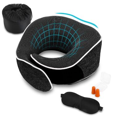Ергономічна подушка для подорожей Collazoey з ефектом пам'яті (Memory Foam) для шиї, набір з маскою для сну, берушами та сумкою для зберігання, темно-сіра