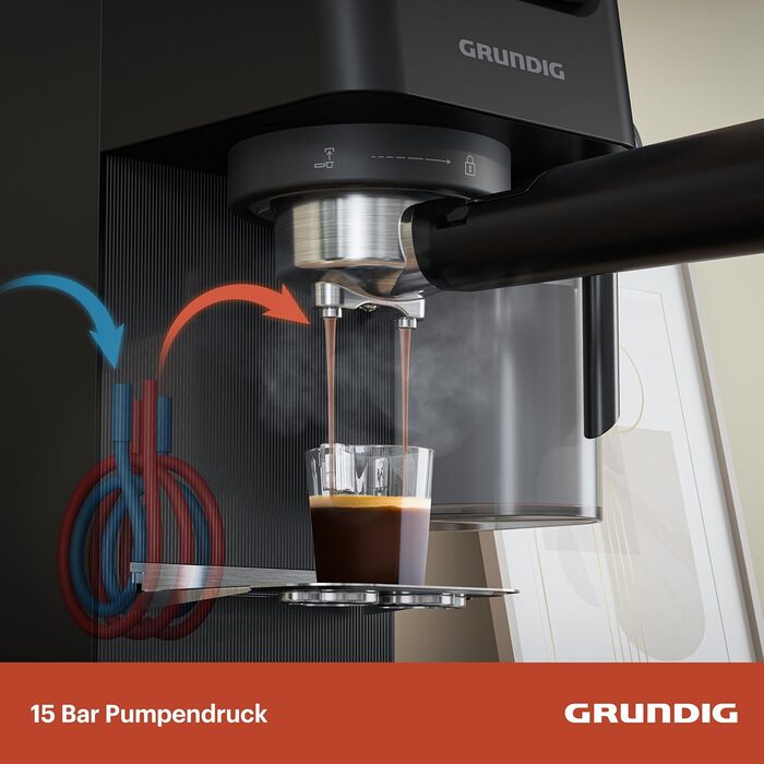 Еспресо-кавоварка GRUNDIG KSM 5330 з молочним контейнером, 1628 Вт, 15 бар, двійна насадка, сенсорний дисплей, BrewSense, CreamyPro, нержавіюча сталь/чорна